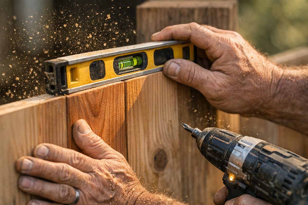 Fence contractor leveling and fastening fresh cedar fence boards during installation