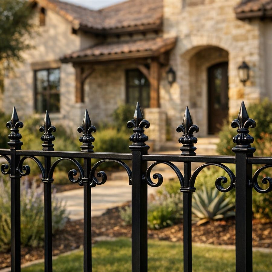 Black wrought iron fence in front of a Texas Hill Country limestone home